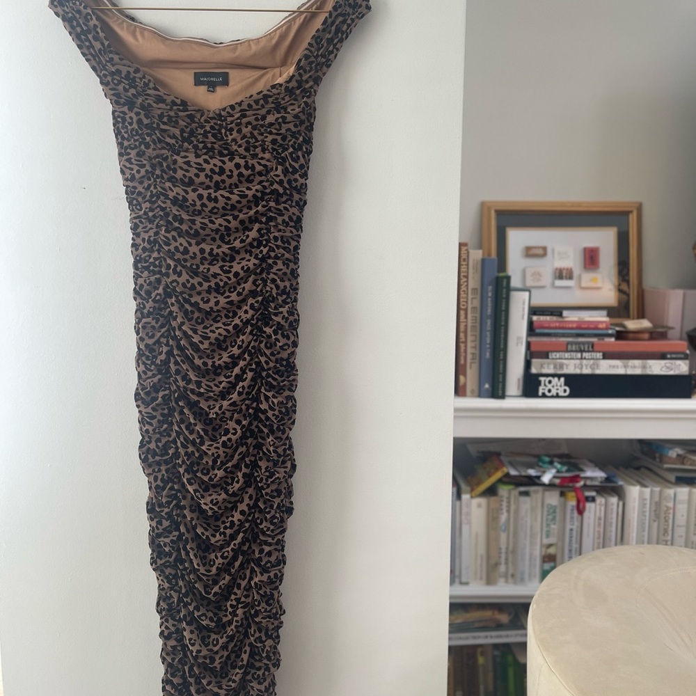 Majorelle Leopard Print Off The Shoulder Ruched Midi Dress